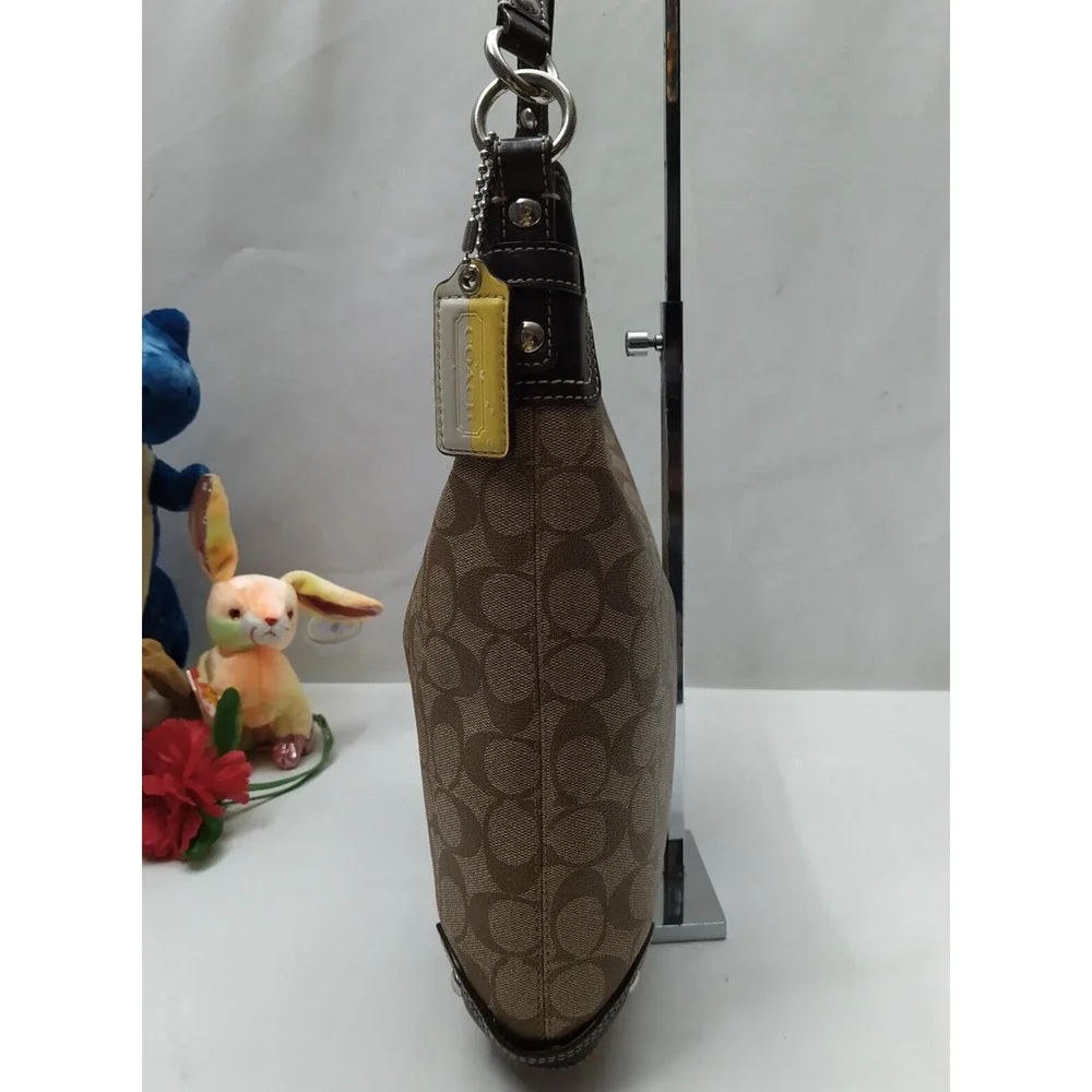 Coach Signature Brown Leather Heritage Strip Zipper Hobo Shoulder Bag